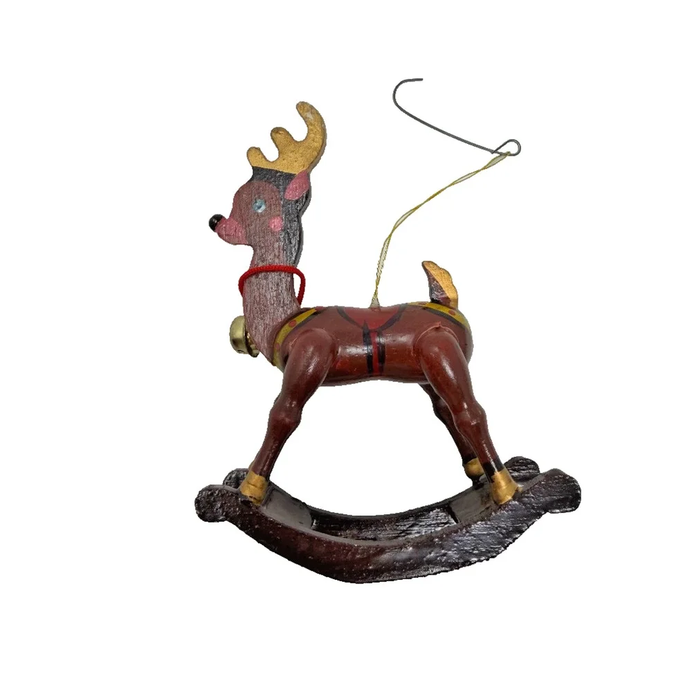 Vintage Hand Painted Wooden Rocking Reindeer Ornament w/ Bell 4.5